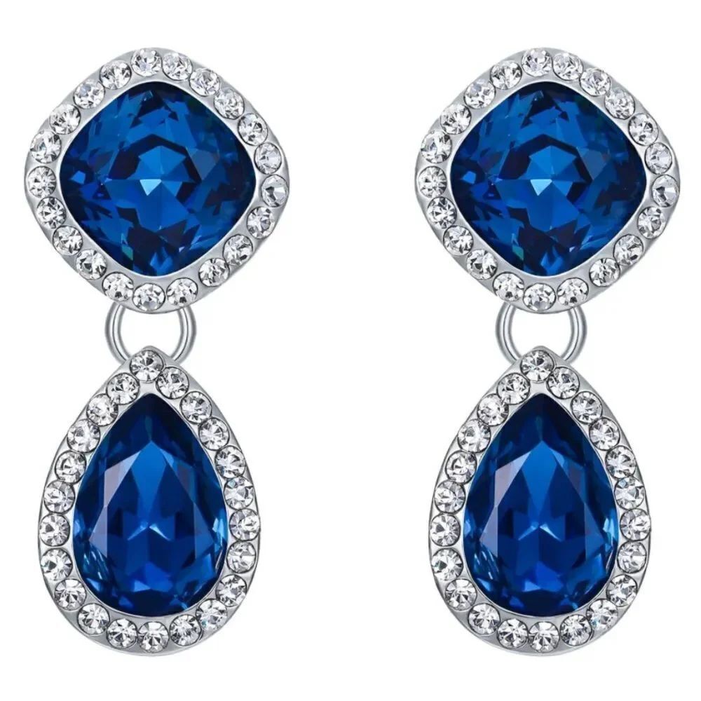Silver with London Blue Topaz Austrian Crystal Rhombus Teardrop Post Earrings